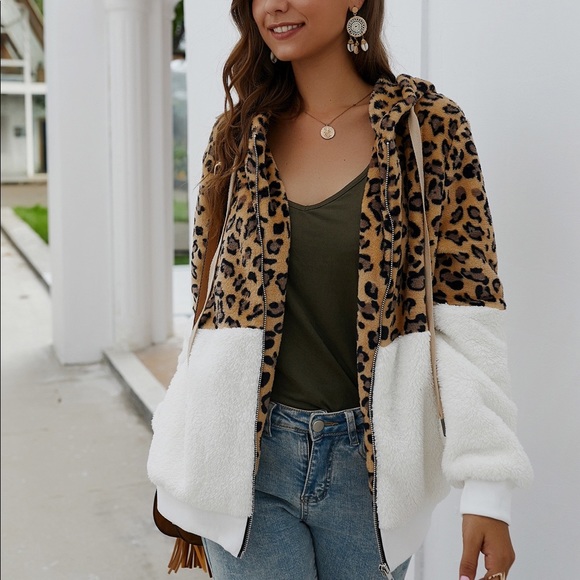 🆕Leopard Print Full Zipper Up Hoodie White - Picture 3 of 8